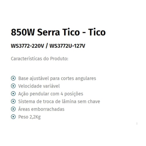 Serra tico tico elétrica - 220V - Wesco - WS3772